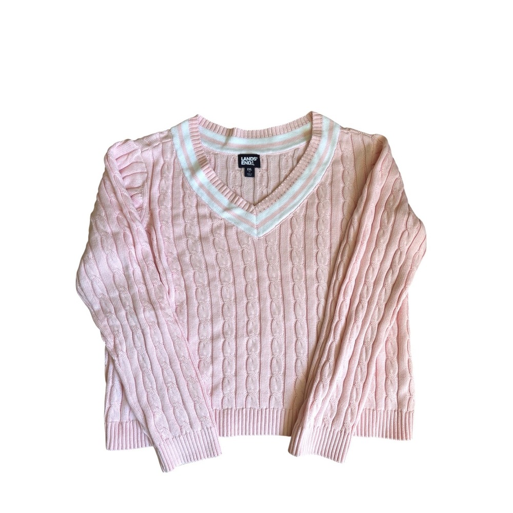Lands End Pink Cable Knit 100% Cotton V-Neck Sweater XXL Soft Girl Tennis Preppy